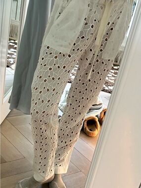 Crochet Eyelet Straight-Leg Pants - Cream